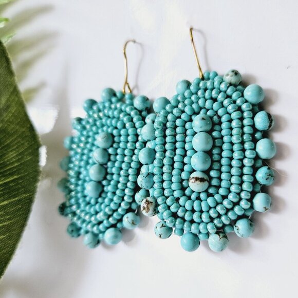 Large Beaded Turquoise Bohemian Shield Earrings | Handmade Indigenous Earrings - Picture 6 of 6